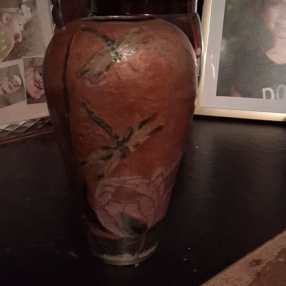 Vintage Dragonfly Design Rust Color Brass  Vase - Picture 1 of 4